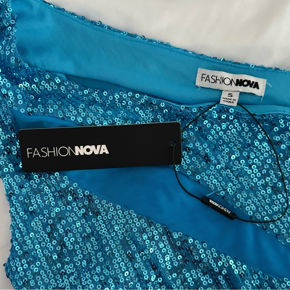NWT fashionnova blue sequin dress with mesh cutouts